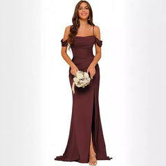 Off-the-shoulder Satin Bridesmaid Corset Ball Gown - kinko