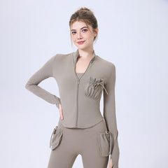 Zipper Sportswear Jacket Women Puffy Pocket Slim Fit Warm Slim Look Running Training Yoga Workout Long Sleeve
