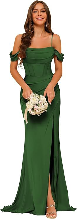 Off-the-shoulder Satin Bridesmaid Corset Ball Gown - kinko
