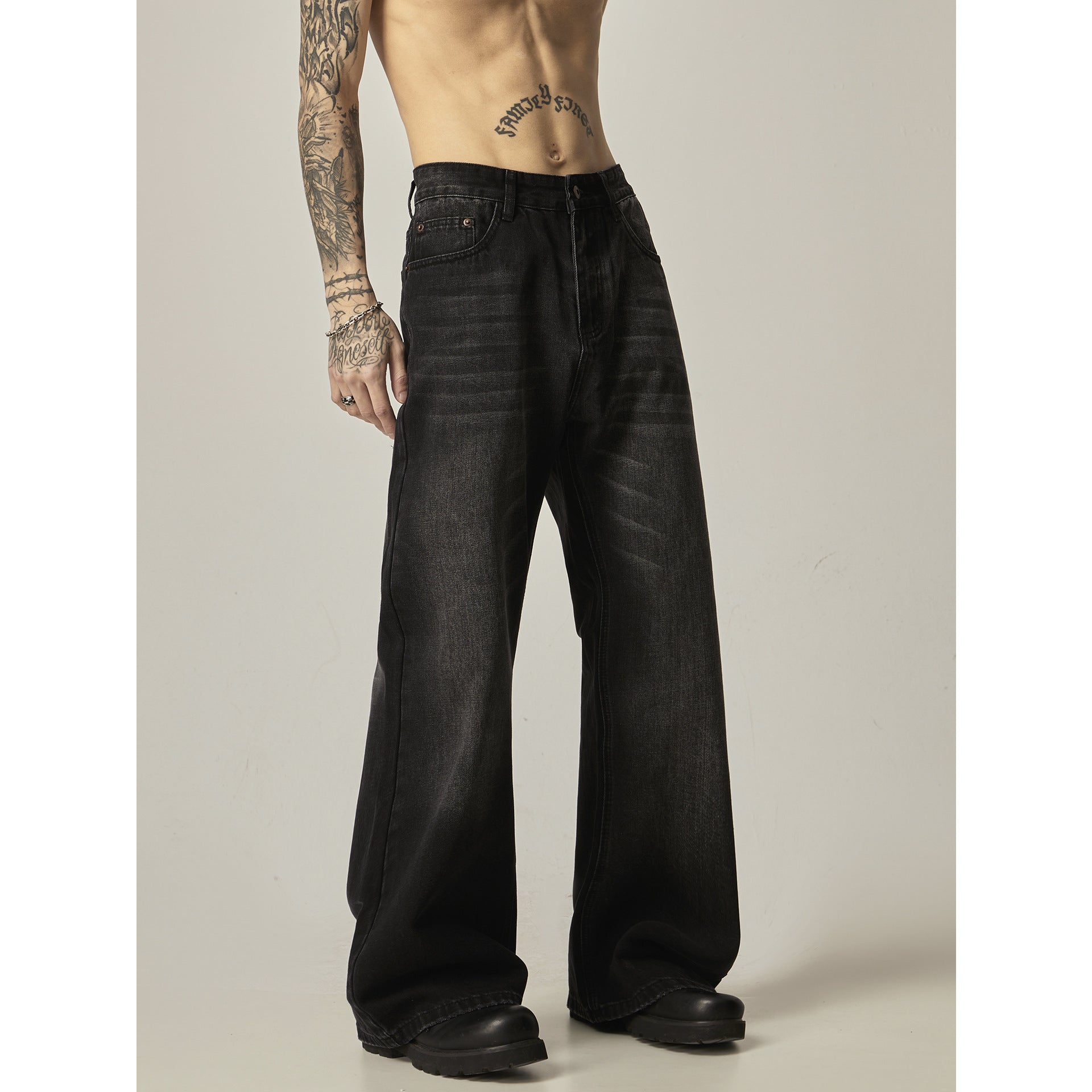 American Retro Black Loose Straight Jeans - kinko