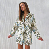 Spring Satin Printed Pajamas Two Piece Cardigan Long Sleeve Shorts Ladies Homewear