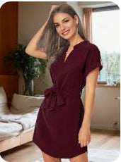 V-neck Short Sleeve Dress With Belt Summer Fashion Bowknot Dresses For Women Clothing - kinko