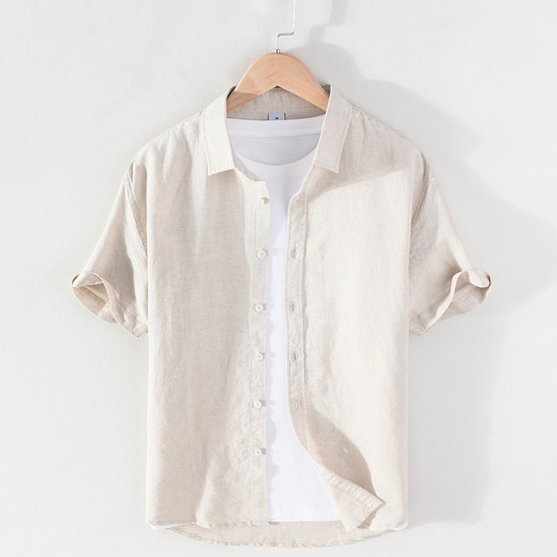 Men's Linen Short-sleeved Shirt Square Collar Casual Cotton And Linen - kinko