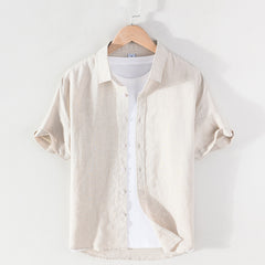 Men's Linen Short-sleeved Shirt Square Collar Casual Cotton And Linen - kinko