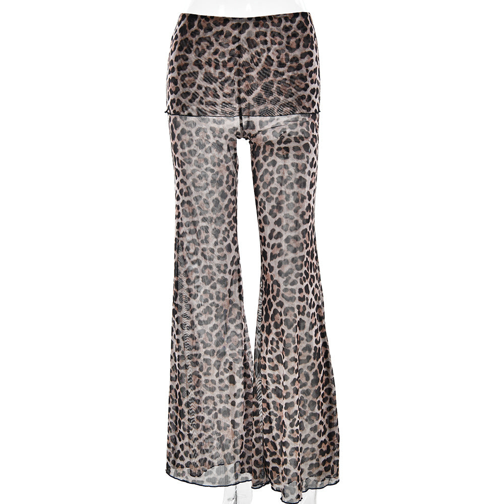 Leopard Print Mesh Floral Print Trousers - kinko