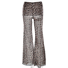 Leopard Print Mesh Floral Print Trousers - kinko