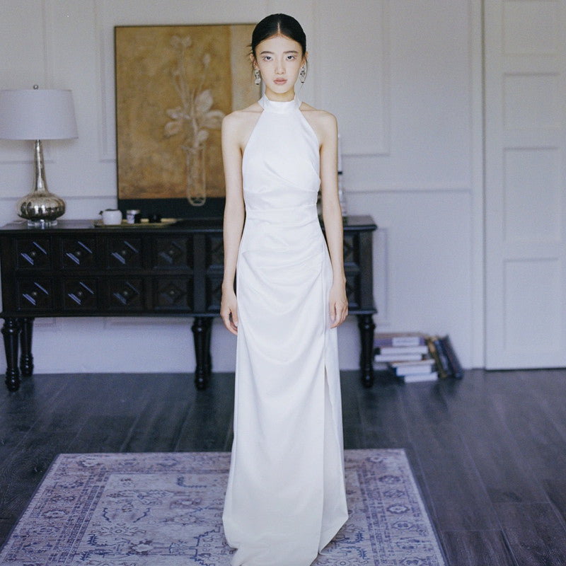 Simple Travel Shooting White Slimming Fishtail Dress - kinko