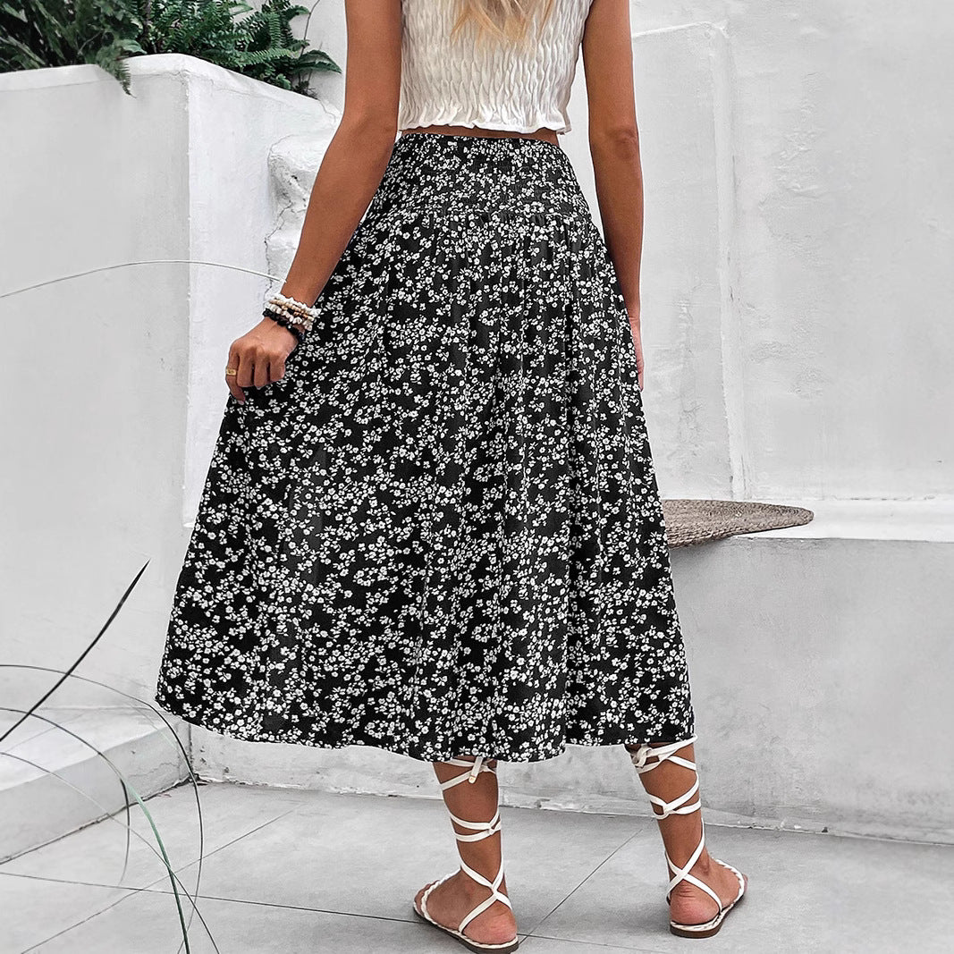 European And American Women's Clothing Casual Holiday Floral Print Split Skirt - kinko