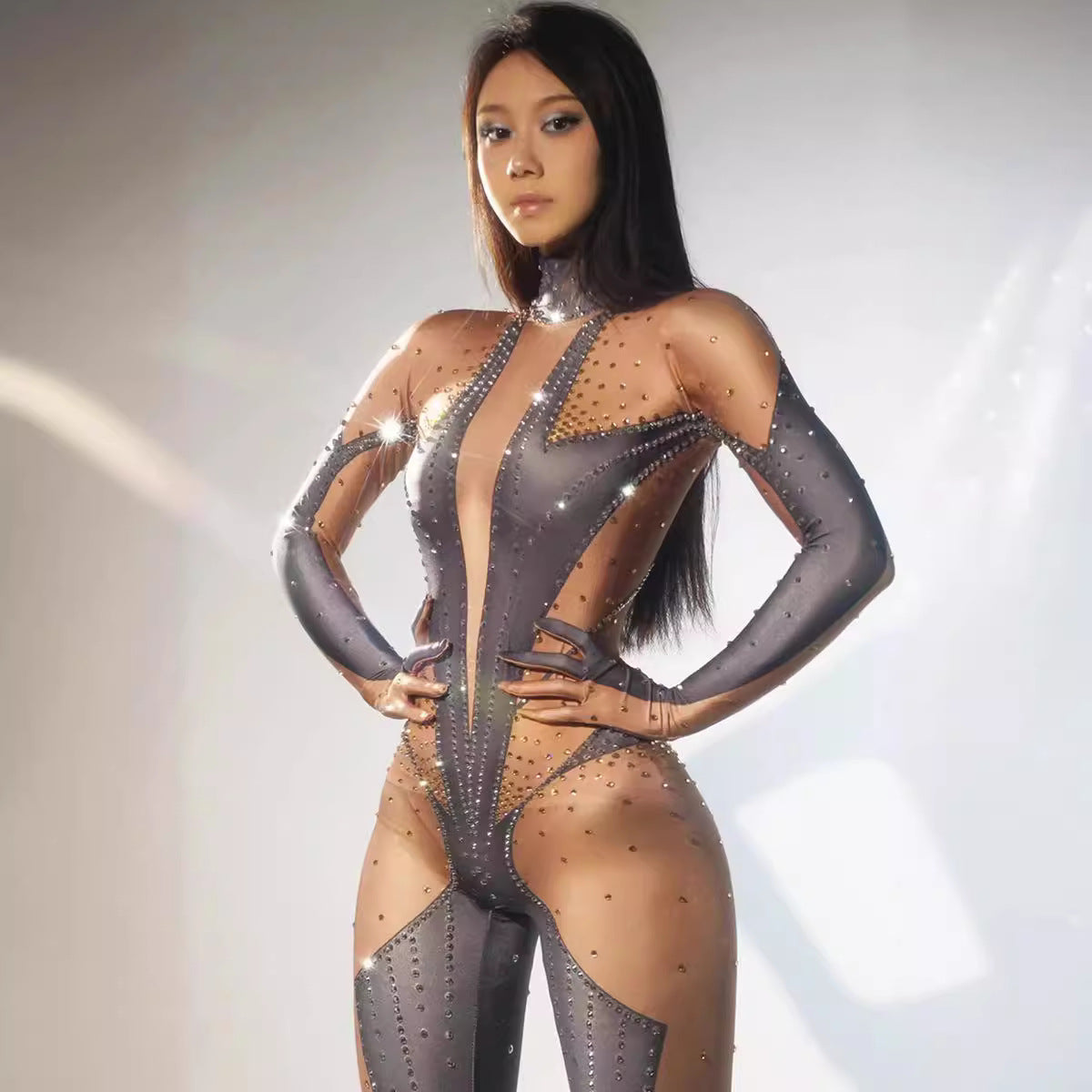 Full Diamond Long-sleeved One-piece Trousers Fake Meat-exposed - kinko