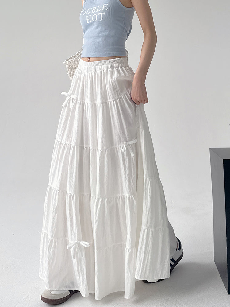 High Waist Retro Loose Bow Temperament Mid-length A- Line Skirt - kinko