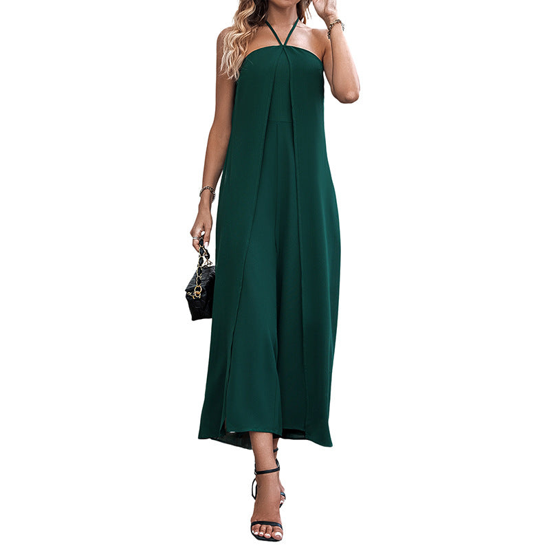 Vacation Casual Solid Color Long Halter Jumpsuit - kinko
