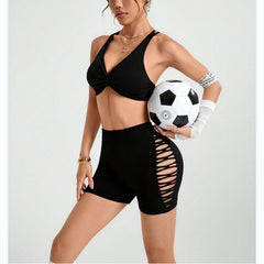 Sportliche Damen-Yogahosen in Pfirsichfarben, nahtlos gestrickt, mit Hüftlift, schnelltrocknend und atmungsaktiv, mit seitlichen Cut-outs.