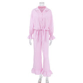 Fall Pink Plaid Retro Pajamas Ruffled Long Sleeved Cardigan Trousers Two Piece Home Wear Women