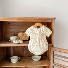 Big Lace Lapel Heart Printing Short Sleeved Kazakhstan Young Baby Girl Onesie Jumpsuit - kinko