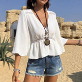 Solid Color Hollow-out Waist Inlaid Lace Shirt - kinko