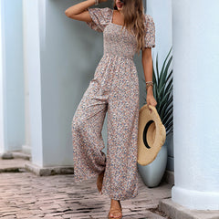 Square Collar Puff Sleeve Vacation Style Floral Jumpsuit - kinko