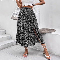 European And American Women's Clothing Casual Holiday Floral Print Split Skirt - kinko