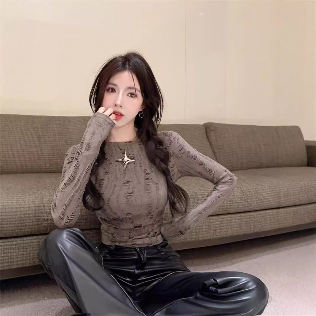 Autumn And Winter Ripped Hollow-out Long-sleeved Bottoming Shirt Inner Wear - kinko