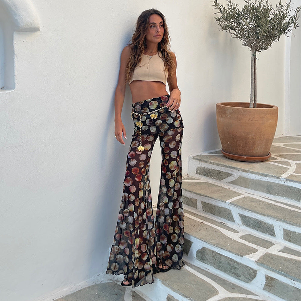 Leopard Print Mesh Floral Print Trousers - kinko