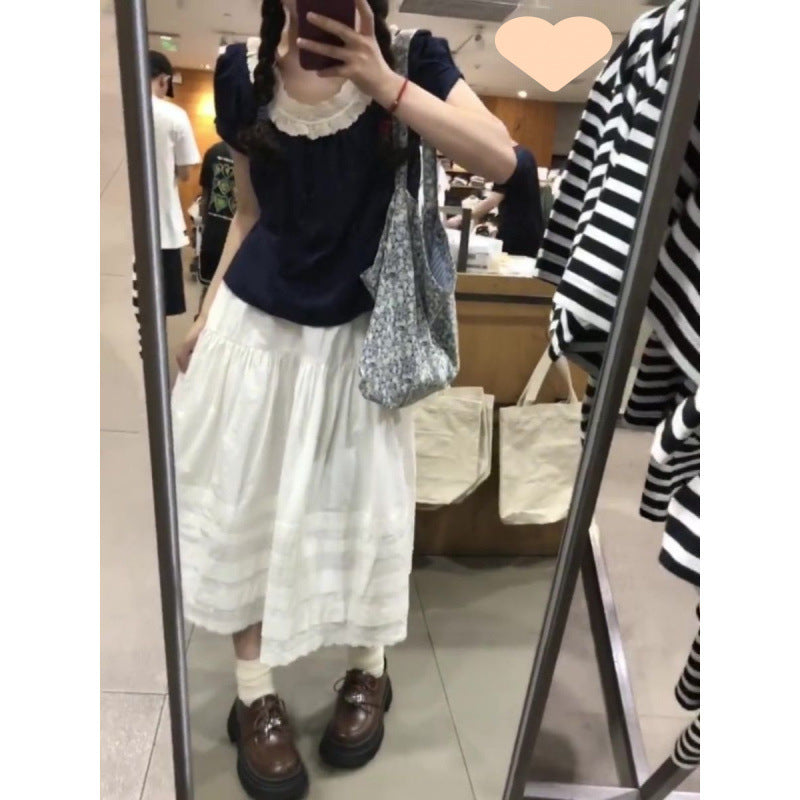 Small Shirt Lace Stitching Elastic Waist Lace Skirt - kinko