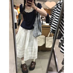 Small Shirt Lace Stitching Elastic Waist Lace Skirt - kinko