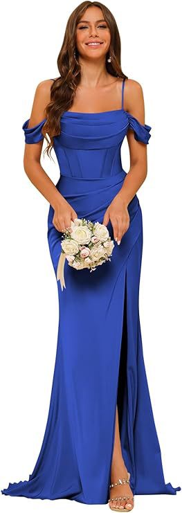 Off-the-shoulder Satin Bridesmaid Corset Ball Gown - kinko