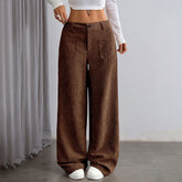 Corduroy Autumn Winter Dark Brown Vertical Stripes High Waist Wide Leg Pants Loose Slimming Casual Pants for Women