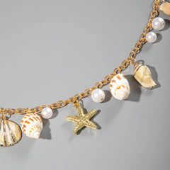 Docona Bohemian Sea Star Conch Taillenkette Damen Sommer Strandparty Muschel Imitation Perlen Körperkette Urlaubsaccessoires