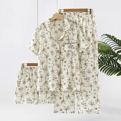 Women's Underwear Set Pure Cotton Summer Home Wear 3 Pieces Short Sleeve Sleepwear Women's Pajamas Female 2025 Lingerie