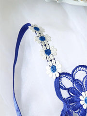 Fairy Sexy Lingerie Floral Embroidery Wire Bra Set Deep Blue Mesh Underwear Transparent Lingerie Honeymoon Intimate Lingerie Set