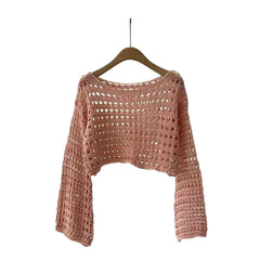 Women Long Sleeve Crochet Knitted Sweater Beach Bikini Cover Up Top Summer