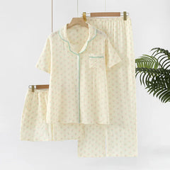 Women's Underwear Set Pure Cotton Summer Home Wear 3 Pieces Short Sleeve Sleepwear Women's Pajamas Female 2025 Lingerie