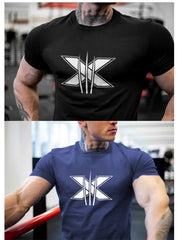 Men's Gym Fitness Clothing Man Cotton Sports Short Sleeve T-shirt Running Training Slim Printed Shirt Sweatshirt Casual Tops