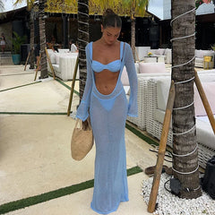 Sexy Beach Vacation Dress See Through Backless Knitted Cover Up Dress Female Two Wears Fashion Slim Knit Long Dress Lady