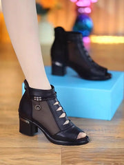 Summer High Heels Women Fashion Mesh Solid Colour Sandals Fish Mouth Chunky Heel Shoes Back Zip Short Boots Sandalia Mujer