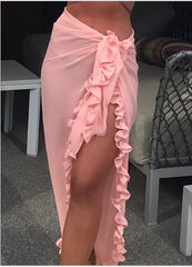 5 Colors Ruffle Sarong for Women 2024 Summer Solid Bikini Long Skirt Beach Dress Swimming Sun Protection Swim Cover Ups Monokini