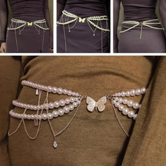 Modischer Y2K-Retro-Taillengürtel mit mehrlagiger Perlenkette für Damen – Stilvoller Körperschmuck für Partys und Freizeit