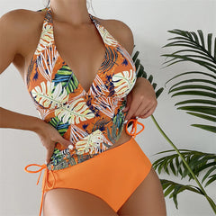 Zweiteiliger Damen-Badeanzug, sexy Triangel-Schnitt, einfarbig, mit Blattmuster