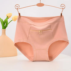 Women Underwear Anti-theft Zipper Pocket High Waist Stretch Breathable Cotton Middle-aged Mom Grandma Brief Panties Underpants