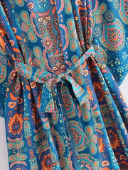 Vintage Chic Women Multi Floral Print Bohemian Kimono Robe Ladies V Neck Batwing Sleeves Boho Maxi Dress Bikini Cover-ups
