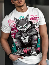 Men's Casual Crew Neck T-shirt 3D Cartoon Wolf Print Hip Hop Outdoor Street Trend Top Summer Short Sleeve T-shirt Sport
