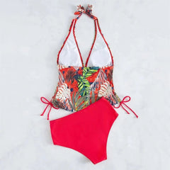 Zweiteiliger Damen-Badeanzug, sexy Triangel-Schnitt, einfarbig, mit Blattmuster