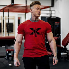 Men's Gym Fitness Clothing Man Cotton Sports Short Sleeve T-shirt Running Training Slim Printed Shirt Sweatshirt Casual Tops