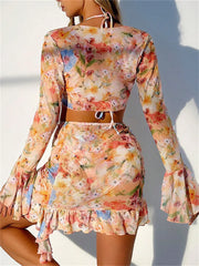 4 Piece Bikini Set Women Orange Floral Print Long Sleeve Mesh Cover Up Ruffle Skirt Swimsuit 2024 Sexy Bathing Suit Swimwear