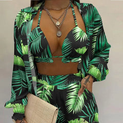 Cacocala 2023 Neues High-Waist-Bikini-Set mit Print, dreiteiliger Badeanzug für Damen, sexy Strandmode, Shorts