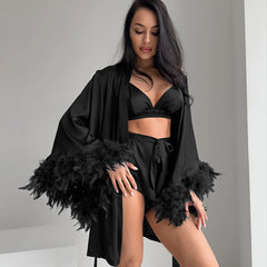 New Underwear Shorts Nightgown Three-piece Set Imitation Silk Home Clothes Spring Satin Feather Pajamas Women