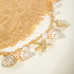 Docona Bohemian Sea Star Conch Taillenkette Damen Sommer Strandparty Muschel Imitation Perlen Körperkette Urlaubsaccessoires