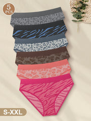 Set of 5 Women'S Low-Rise Seamless Underwear with Leopard Print, Featuring High Elasticity And Breathable Material.