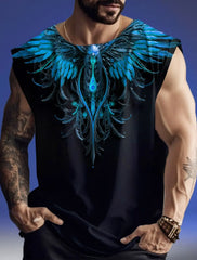 Neue Herren-Fitnessbekleidung von Four Seasons: Schlichtes, atmungsaktives, ärmelloses Unterhemd mit großem Sportprint und schnelltrocknender Farbe.