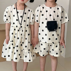 Trendy Children's Summer Clothing Boy's Casual Polka Dot T-shirt Set Girl's Sweet Dress Sibling Outfits Kid's Tee & Shorts Suit